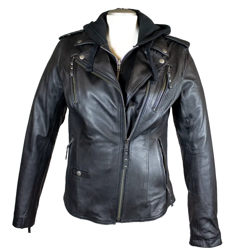 Open Road Women's Hooded Classic Leather Motorcycle Jacket