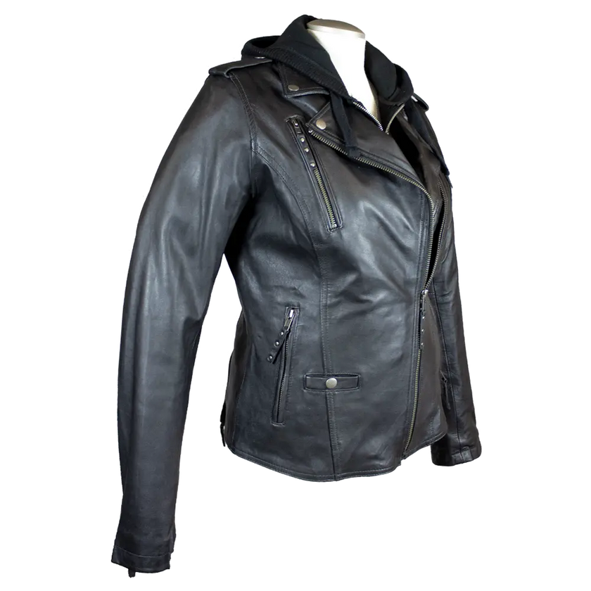 Open Road Women's Hooded Classic Leather Motorcycle Jacket