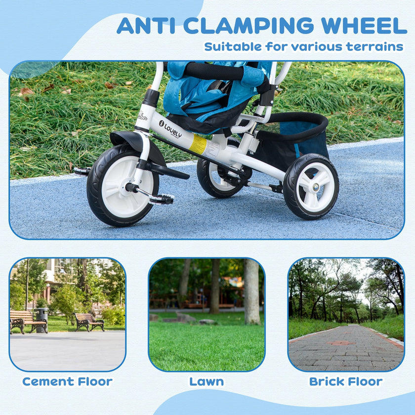 Qaba Convertible 4-in-1 Toddler Tricycle with Parent Handle for Kids 1-5 Years Outdoor Play Blue