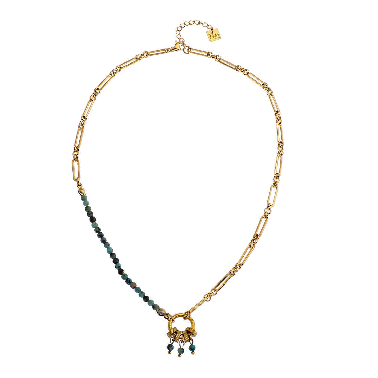 LYON: Boho-Chic African Turquoise Natural Stone Charm Pendant Gold Necklace
