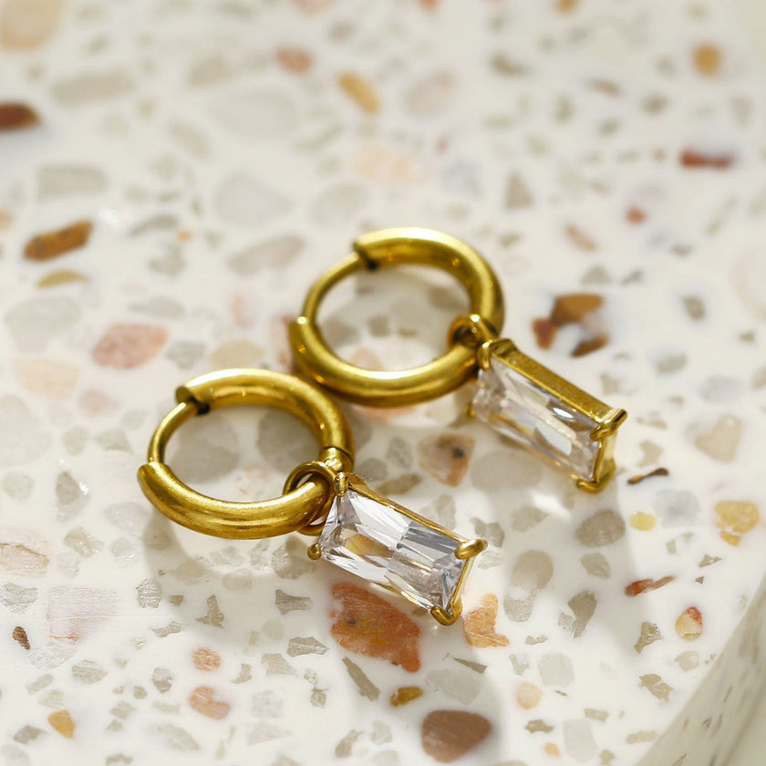 CACA Gold: Vintage Inspired Encased Clear Crystal Drop Hoop Earrings