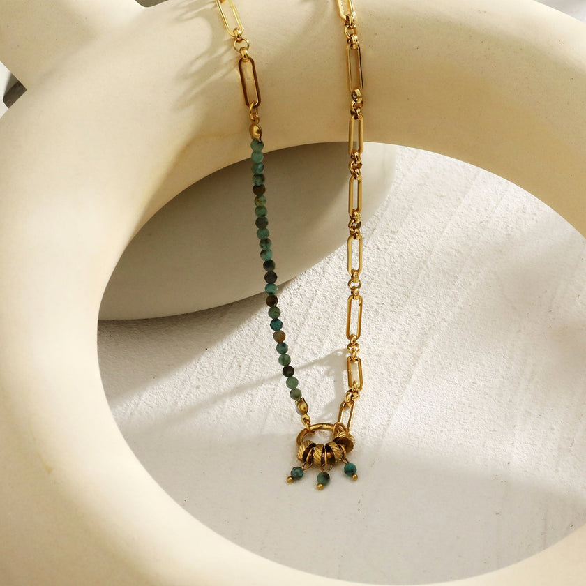 LYON: Boho-Chic African Turquoise Natural Stone Charm Pendant Gold Necklace