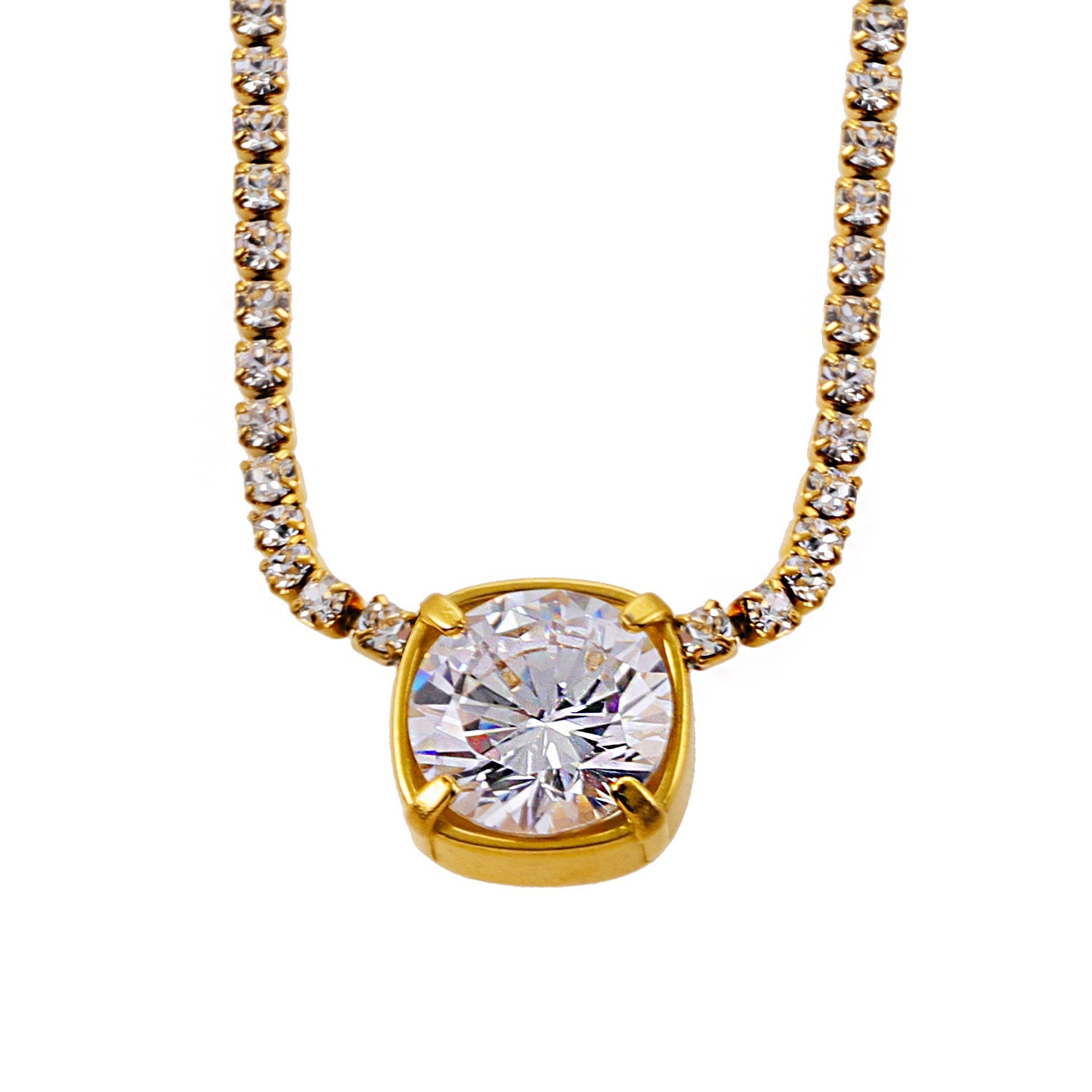 AURA : Collier avec pendentif en zircone serti dans un cadre sur une chaîne à perles de mini-zircone.