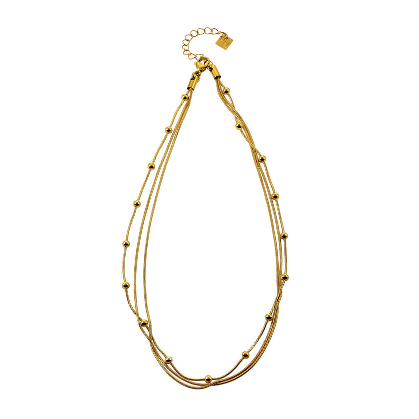 KAKIA: Triple Snake-Skin Chain Layered Necklace with Ball-Bead Accents