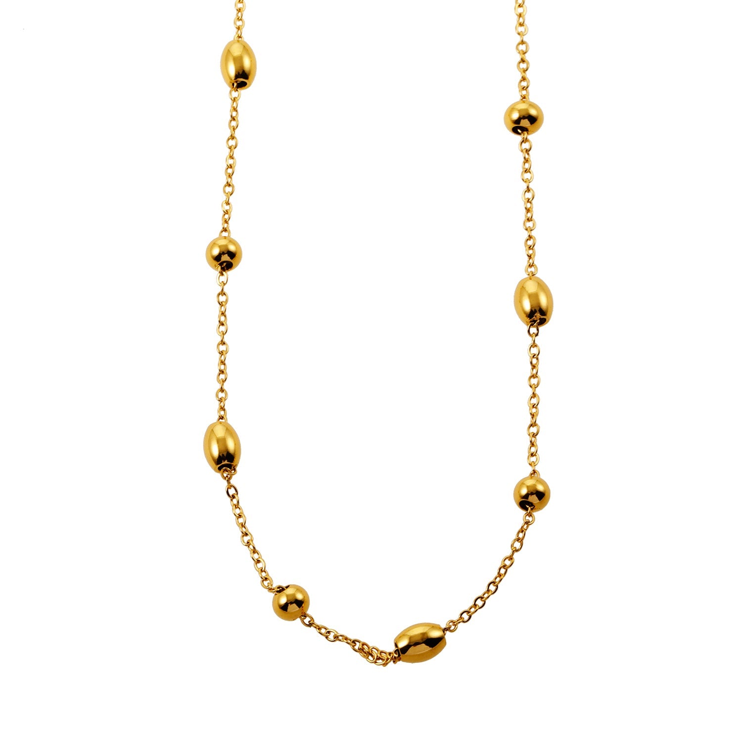 VIGO : Collier en chaîne dorée avec perles ovales et rondes, simple et essentiel.