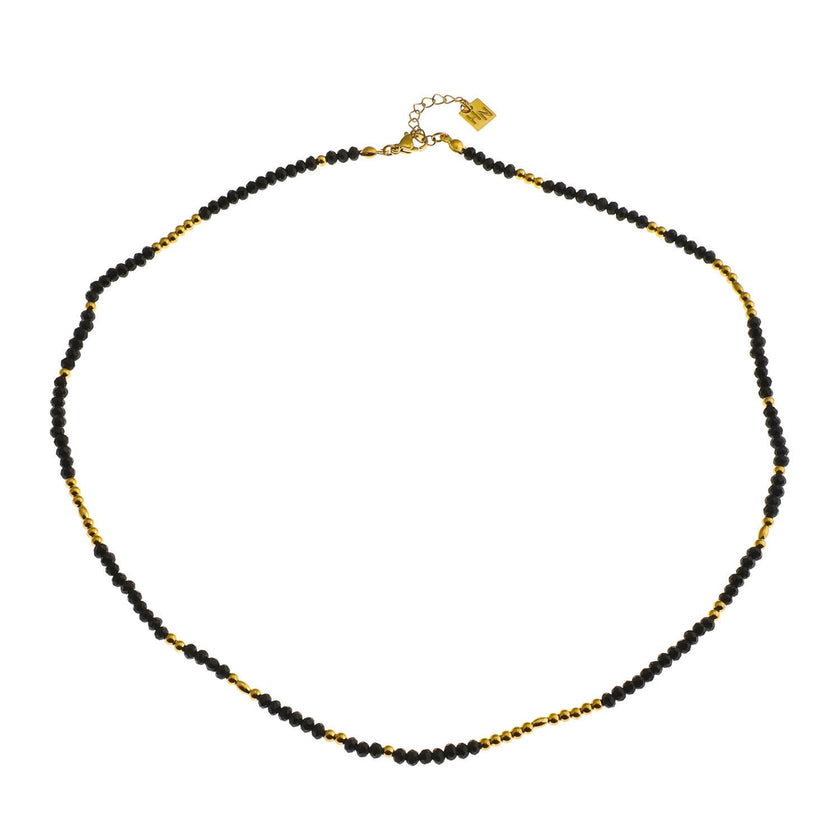 Collier LINA en cristal noir et perles dorées.