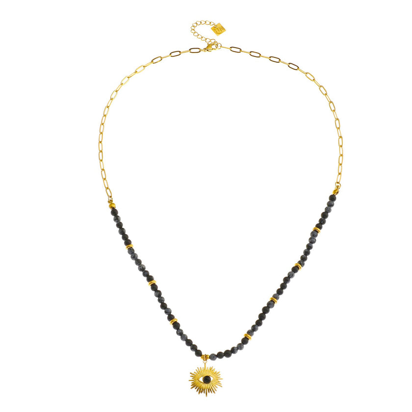 LILIANA Alabaster, Onyx & Gold Beaded Necklace with 'Evil Eye' Pendant