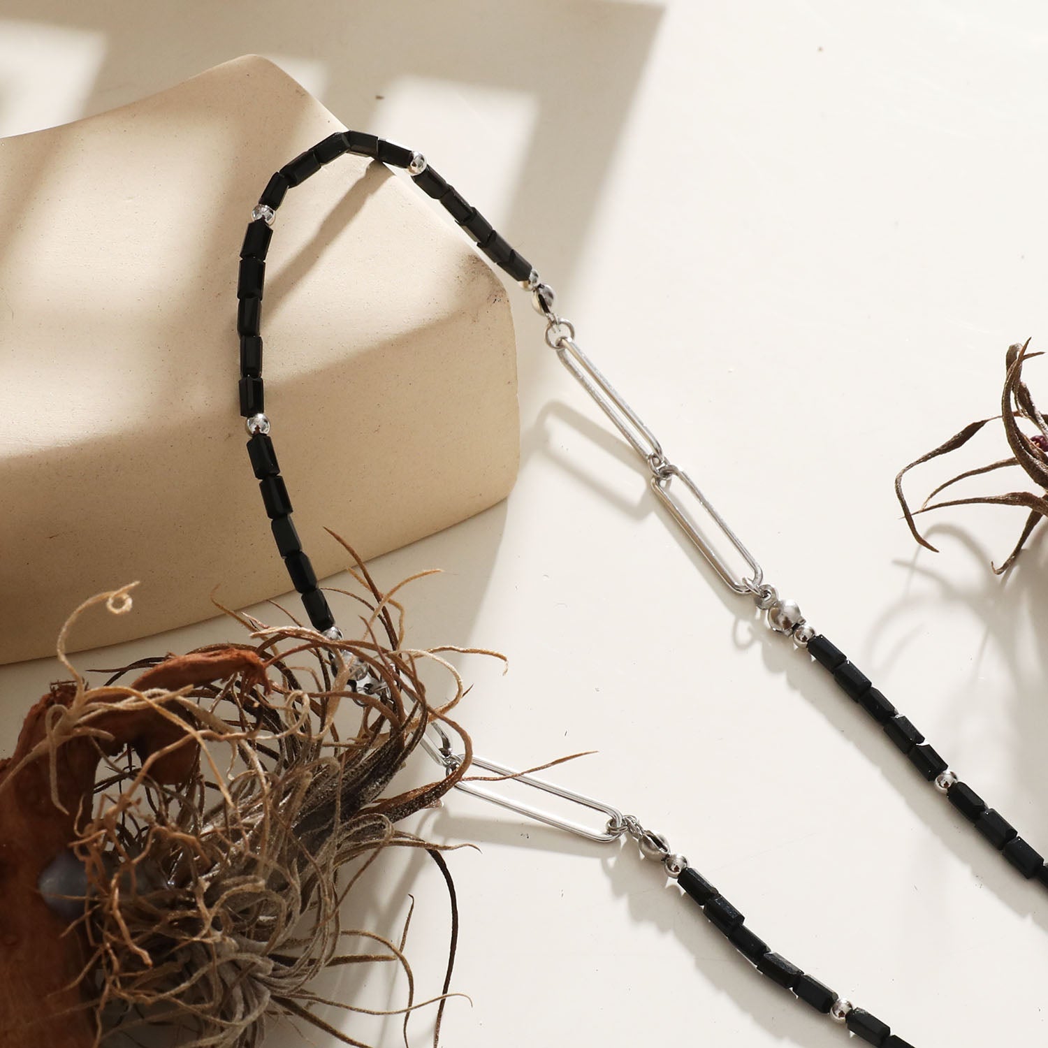 LORENA Black & Silver Beaded Paperclip Chain Necklace