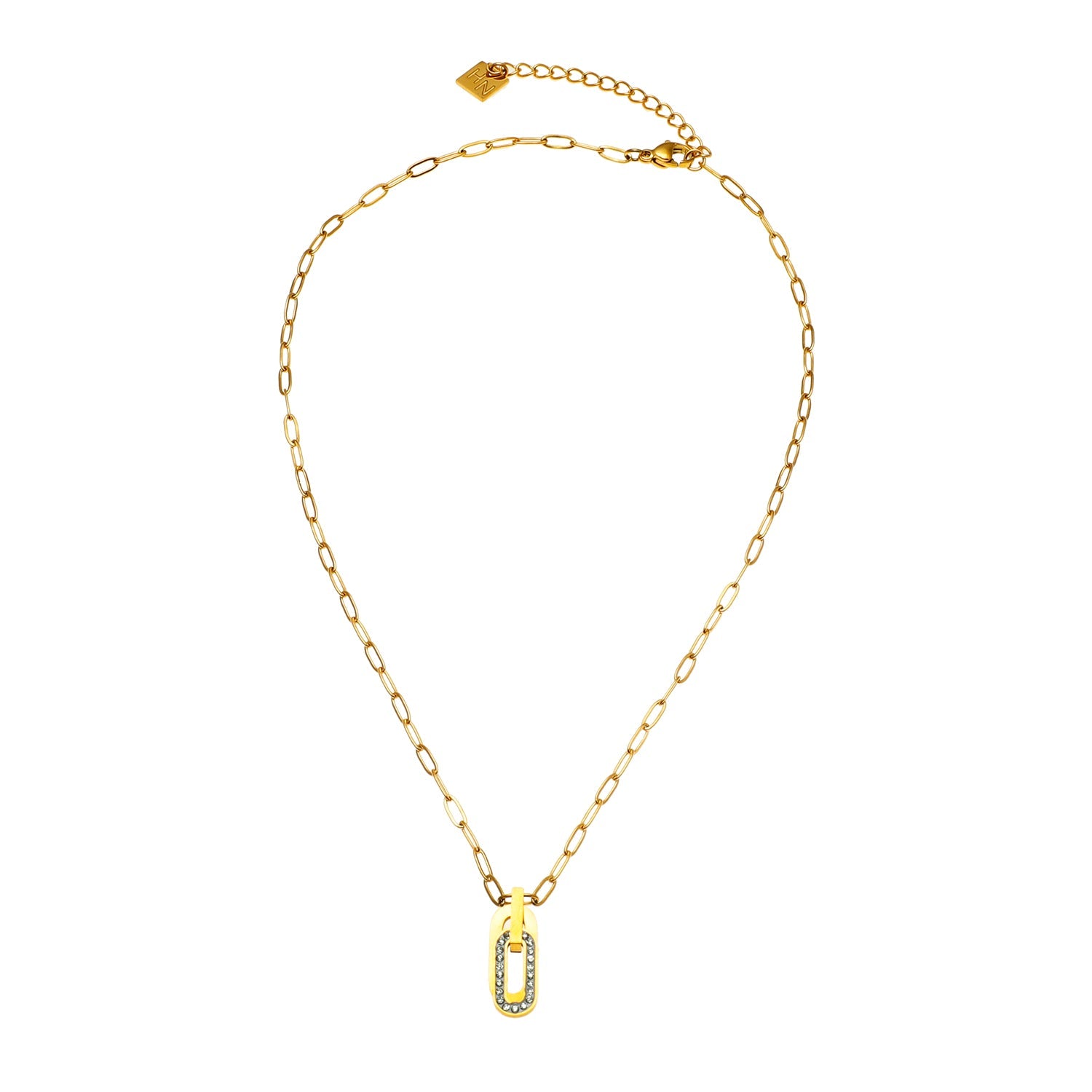 CHICALA : Collier avec pendentif en forme d'ovale serti de zircons, sur chaîne à maillons plats.