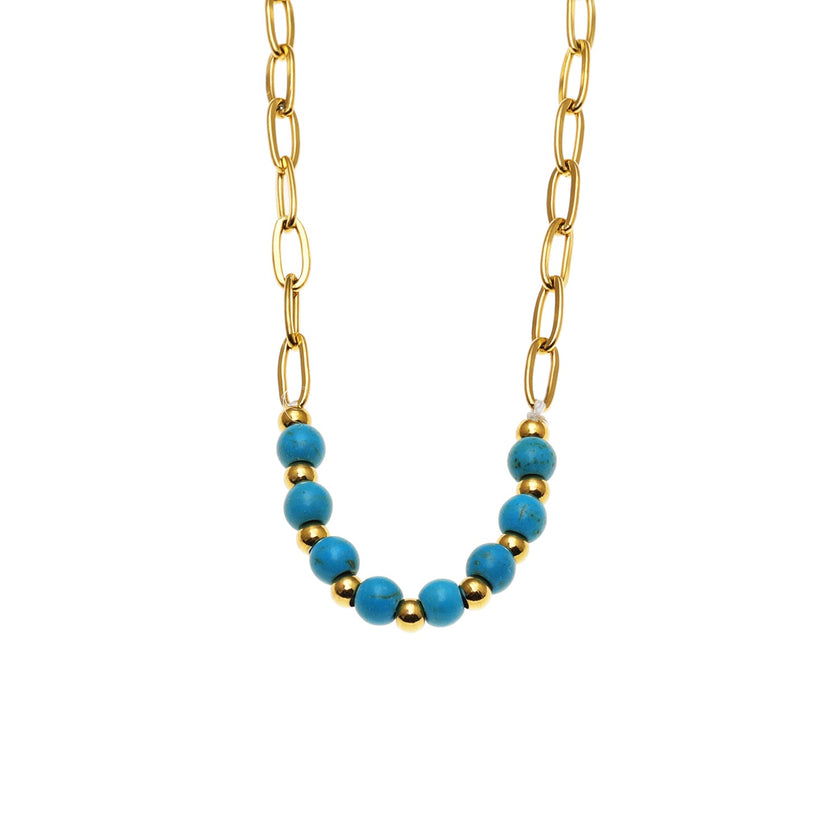LIZBOA : Collier combiné chaîne à maillons et pierres de chalchite.