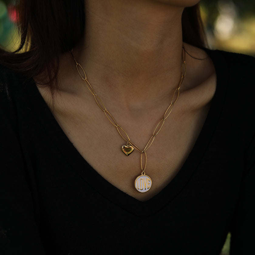EMMA Retro LOVE Scripted Pendant on a Contemporary Chain Linked Necklace