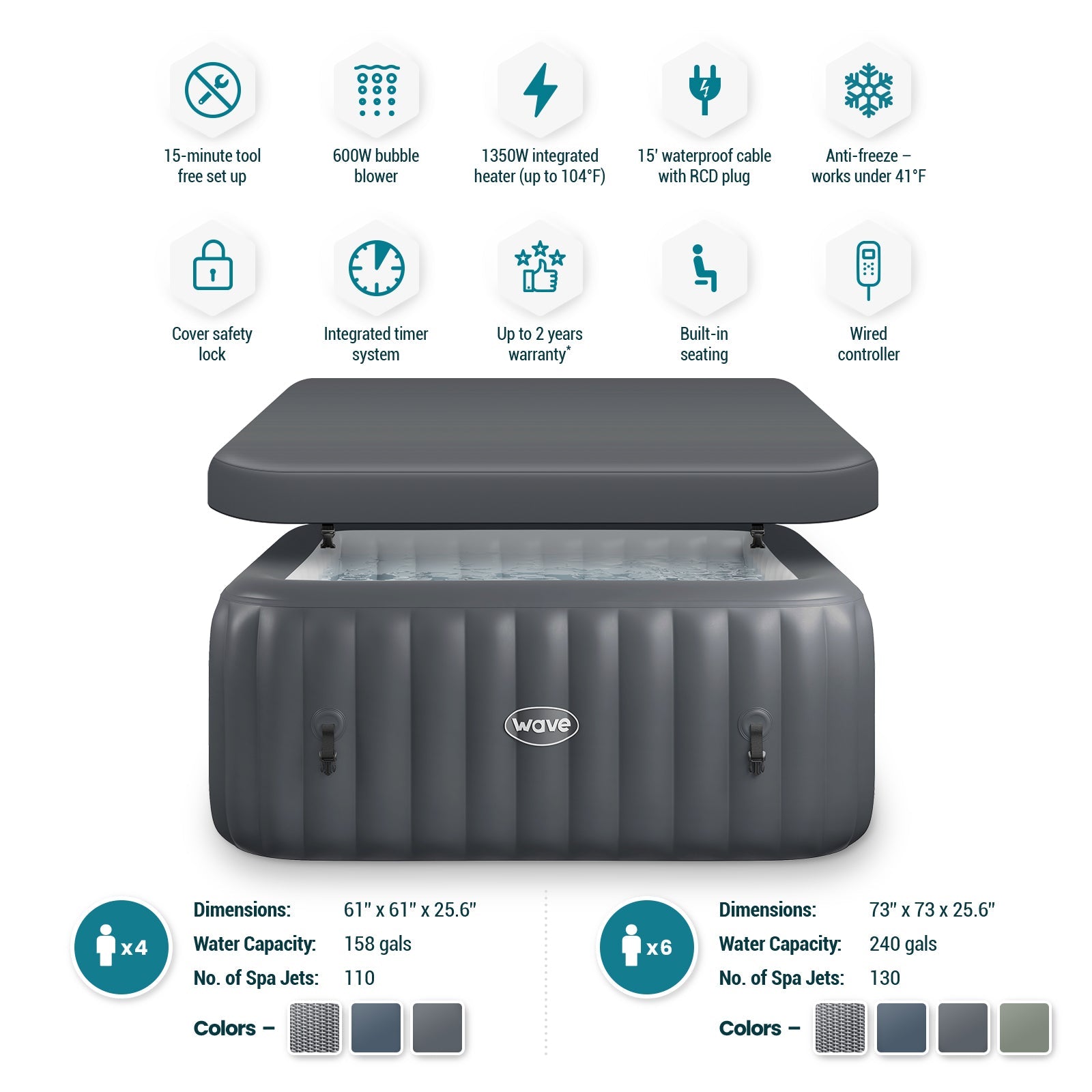 Pacific | 4/6-Person Inflatable Hot Tub | Square | Integrated Heater