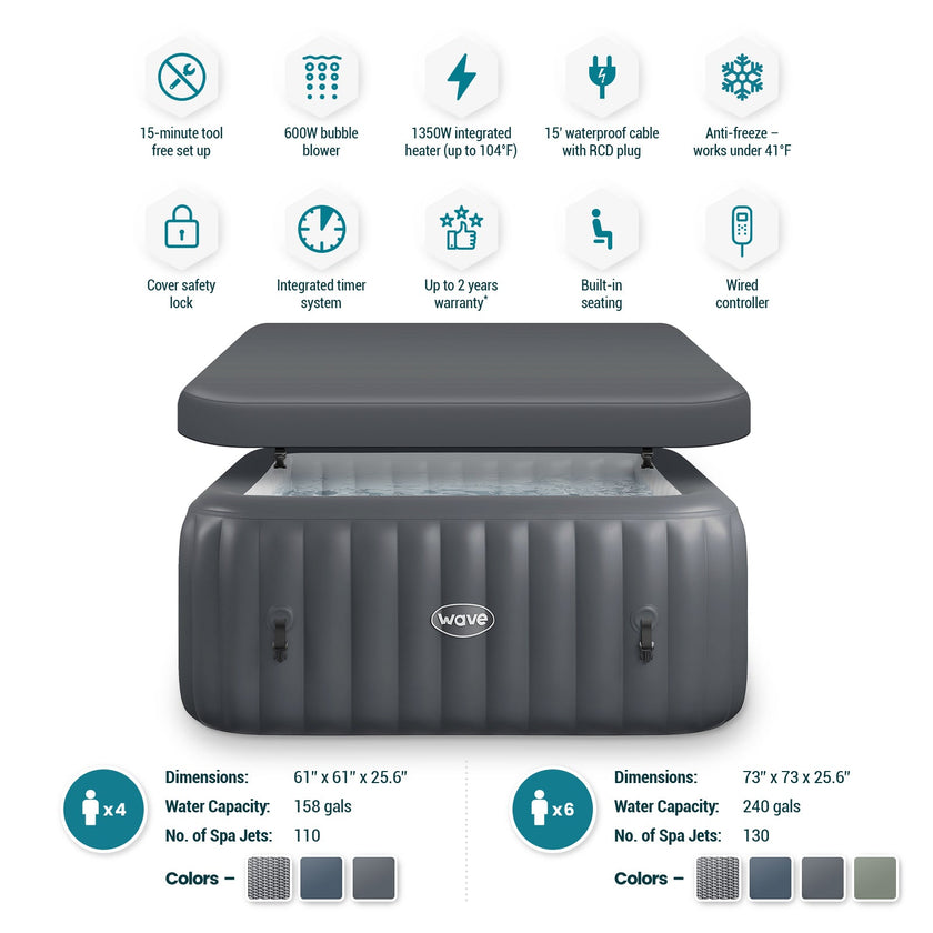 Pacific | 4/6-Person Inflatable Hot Tub | Square | Integrated Heater