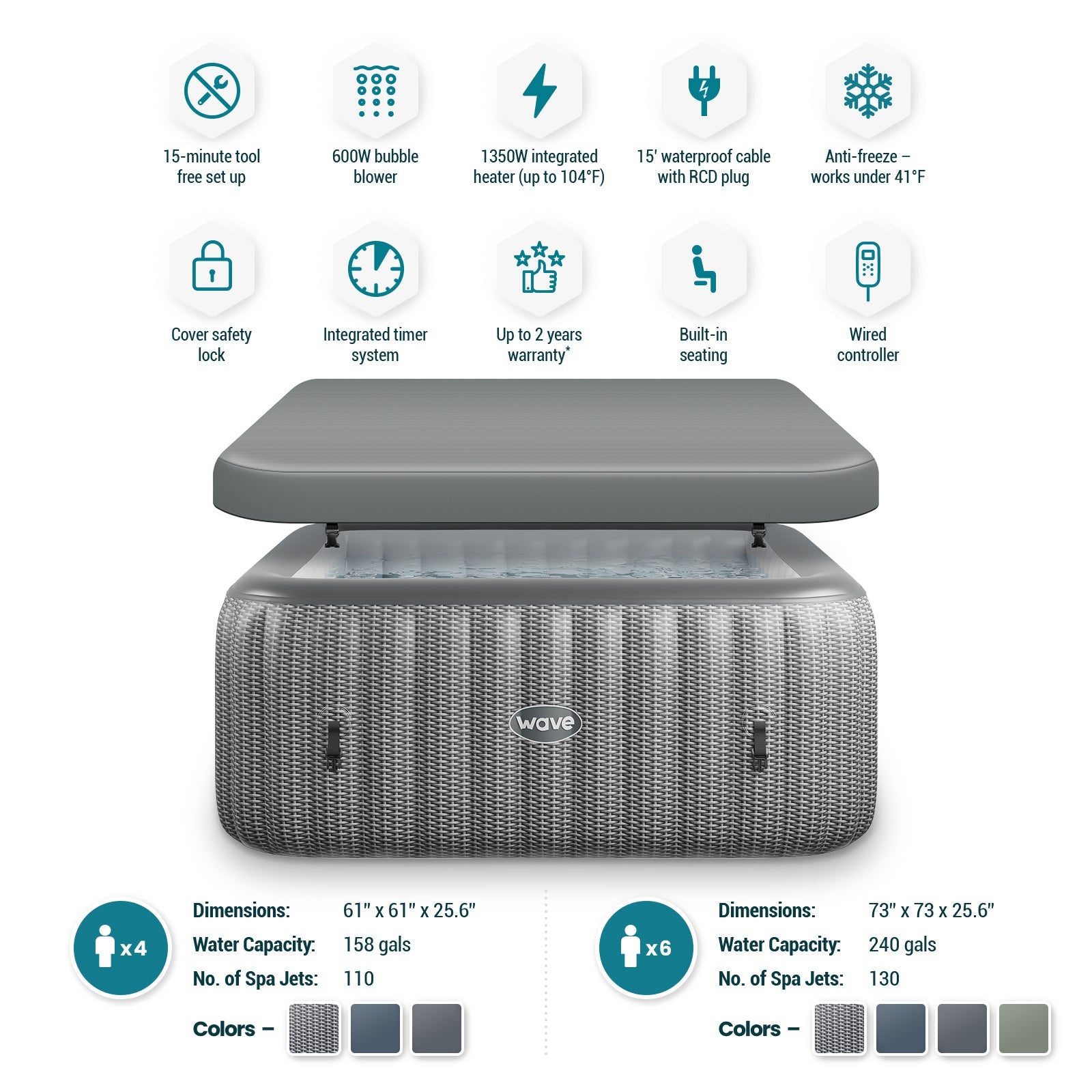 Pacific | 4/6-Person Inflatable Hot Tub | Square | Integrated Heater