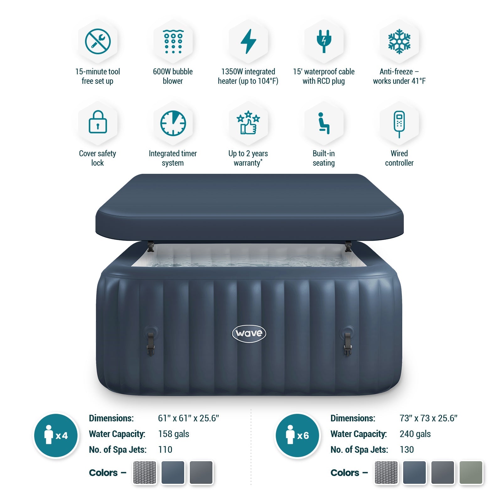 Pacific | 4/6-Person Inflatable Hot Tub | Square | Integrated Heater