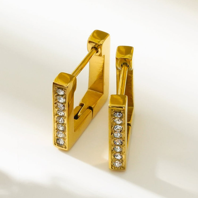 PAIA Gold: Tiny Squared Shape Hoop Earrings Embedded with Zirconia Gemstones