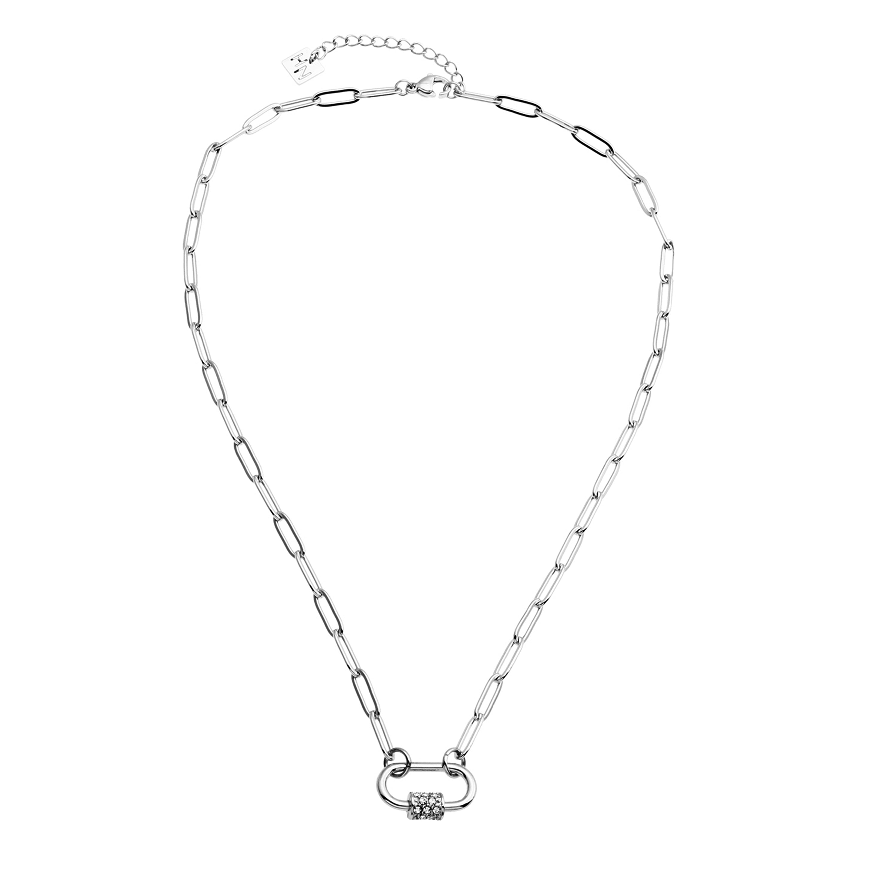 PEIGI Argent : Chaîne à maillons plats avec breloque mousqueton sertie de zircone.