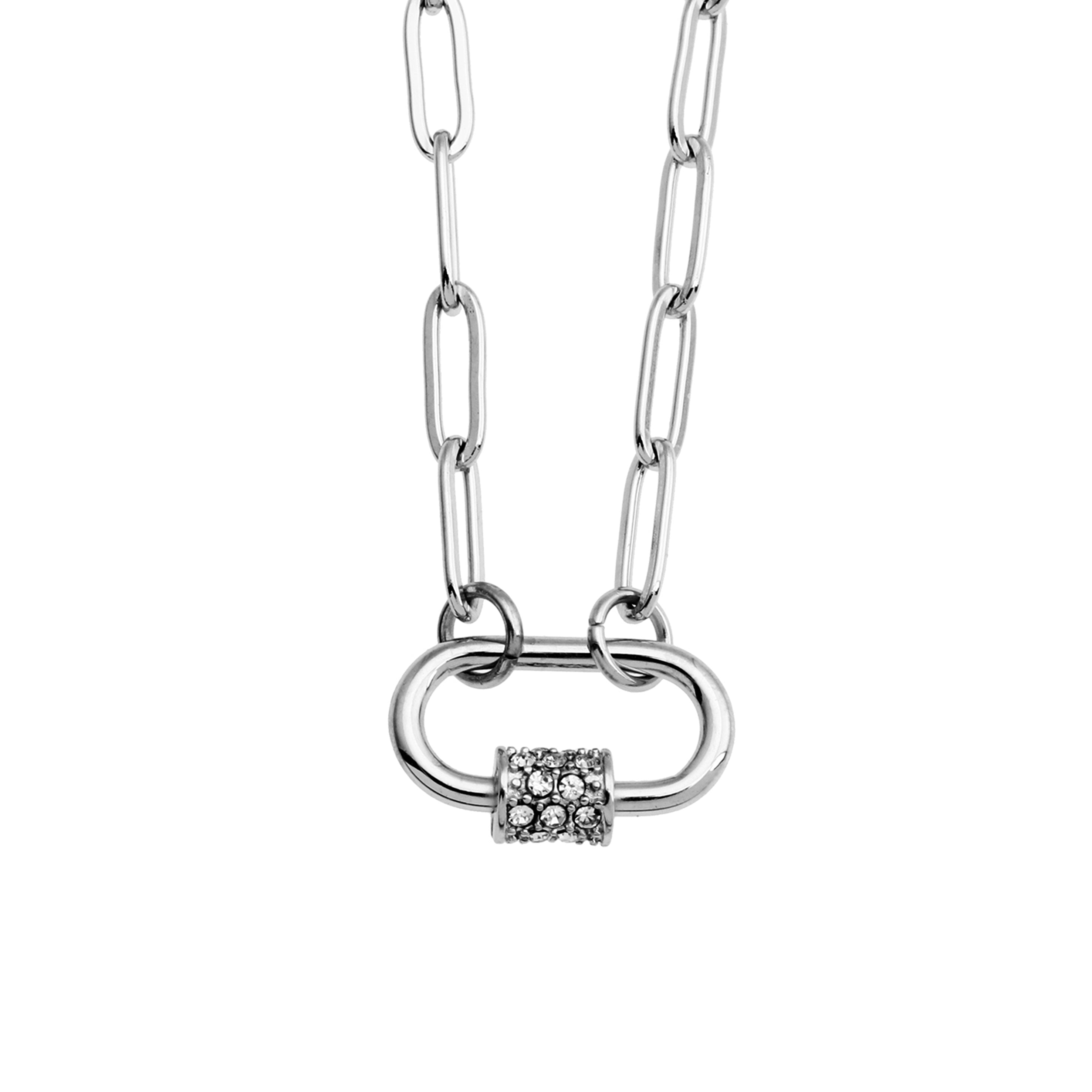 PEIGI Argent : Chaîne à maillons plats avec breloque mousqueton sertie de zircone.