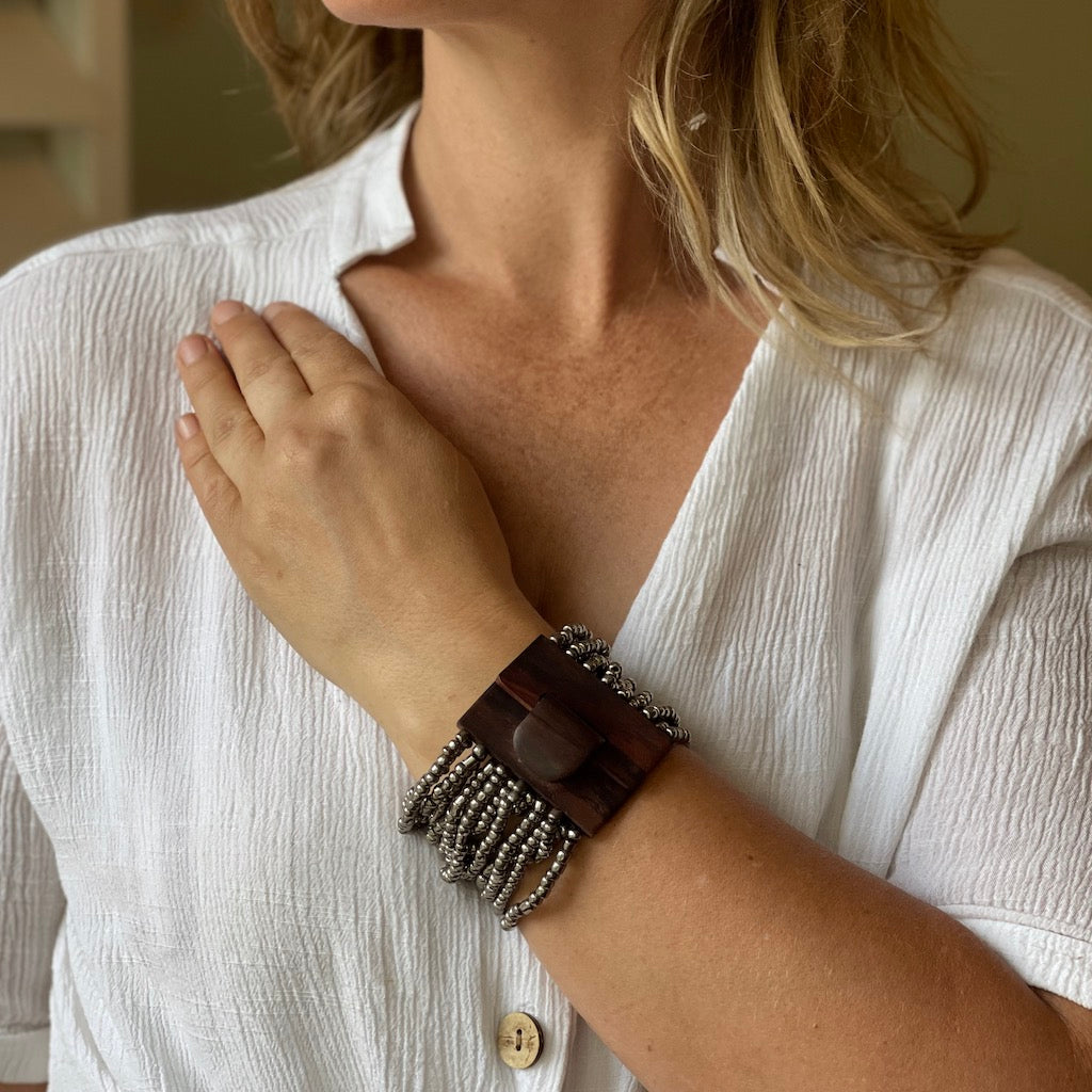 Beaded Bracelet with Wooden Clasp