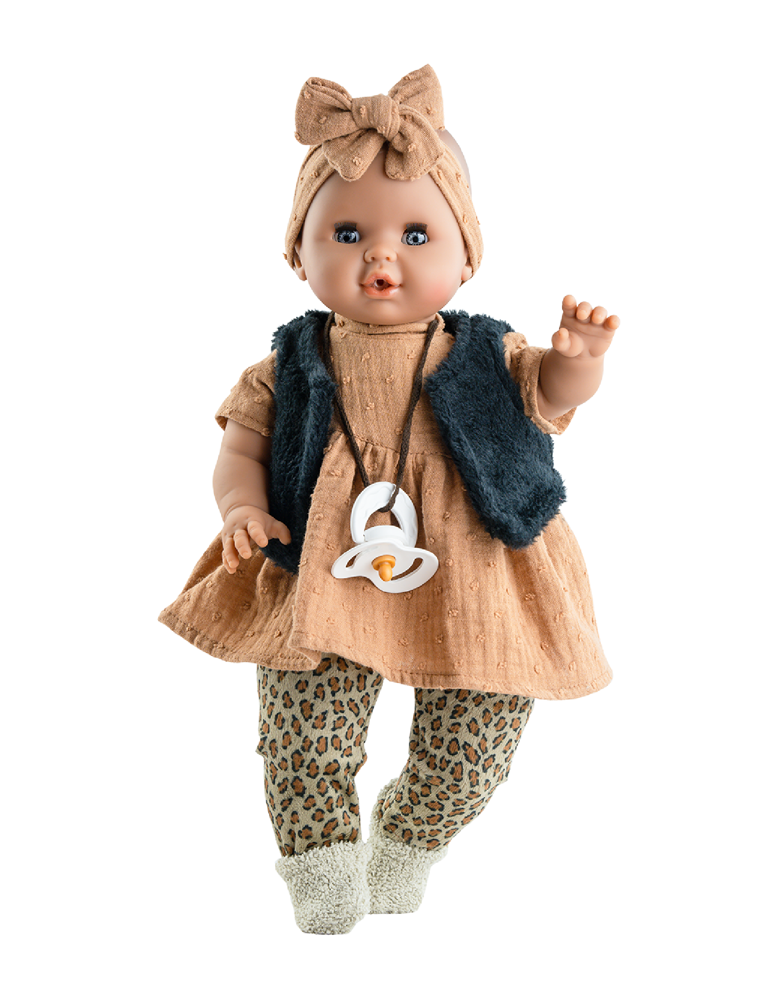 Alex & Sonia doll - Sonia with caramel dress and headband, black fur jacket and leopard legging - Paola Reina