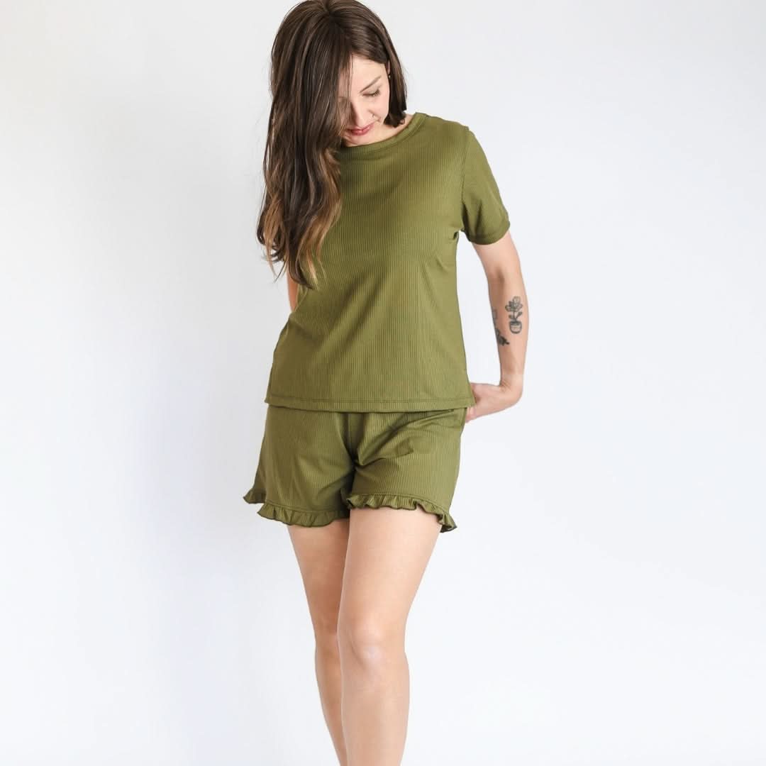 Ladies' Bamboo 2-Piece Short Sleeve Lounge Set | Terracotta Rib