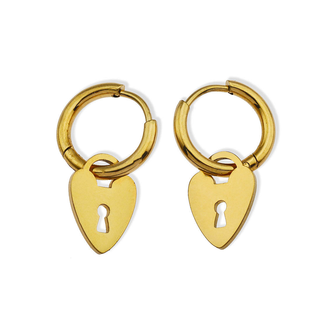 Boucles d'oreilles mini-cercles avec breloque en forme de cœur et de cadenas - Style PYAR en or.