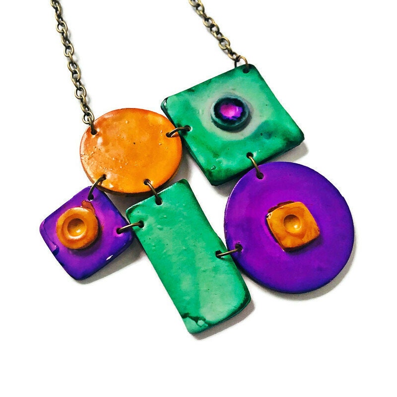 Geometric Statement Jewelry Set, Necklace & Earrings, Turquoise, Purple & Yellow