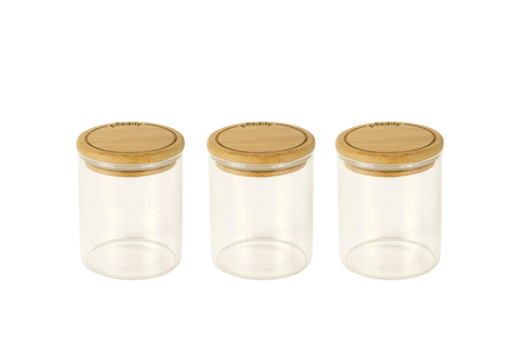 Pebbly - Ensemble de 3 bocaux ronds 180ml/6oz en verre avec couvercle en bambou - D65x85cm
