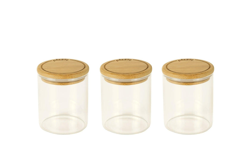 Pebbly - Ensemble de 3 bocaux ronds 180ml/6oz en verre avec couvercle en bambou - D65x85cm