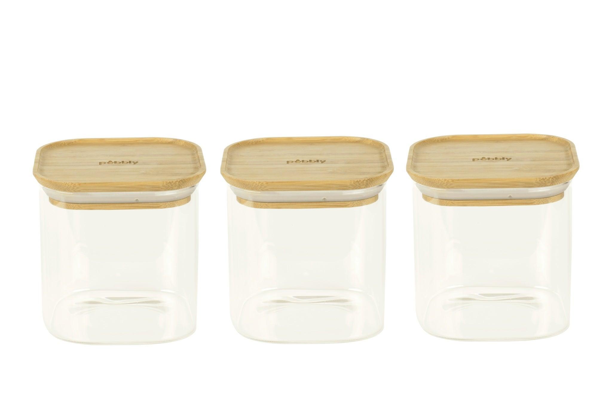 Pebbly - Square Canister Set 3/St 800ml/27oz Small Glass W/Bamboo Lid D11X11cm