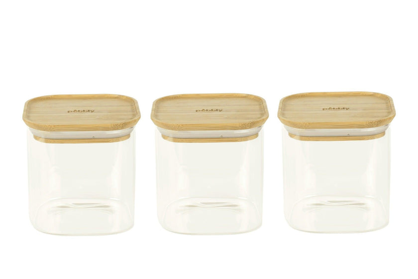 Pebbly - Square Canister Set 3/St 800ml/27oz Small Glass W/Bamboo Lid D11X11cm