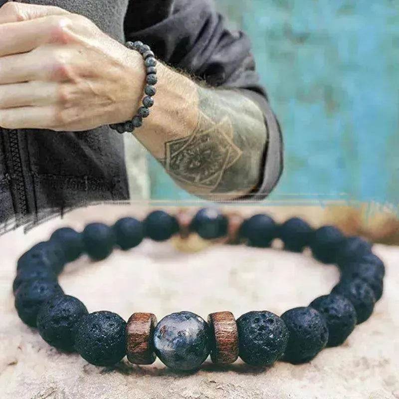 Men's Volcanic Stone Beaded Bracelet – Natural Stone & Crystal Accent
