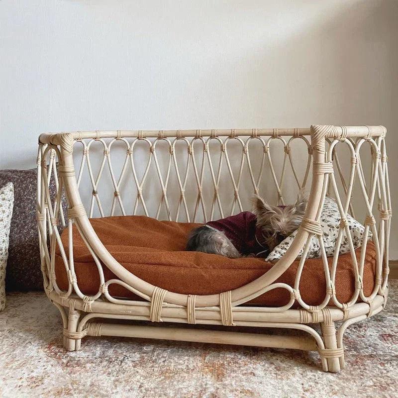 Handmade Rattan Woven Pet Bed Sofa – Boho Dog & Cat Bed | Trumpet, Circle, Square & Large