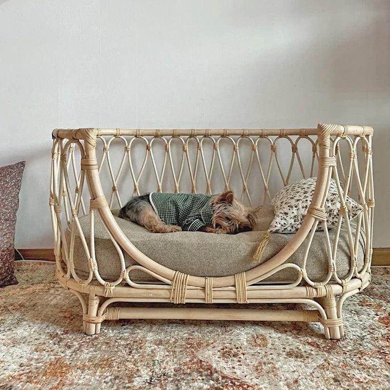 Handmade Rattan Woven Pet Bed Sofa – Boho Dog & Cat Bed | Trumpet, Circle, Square & Large