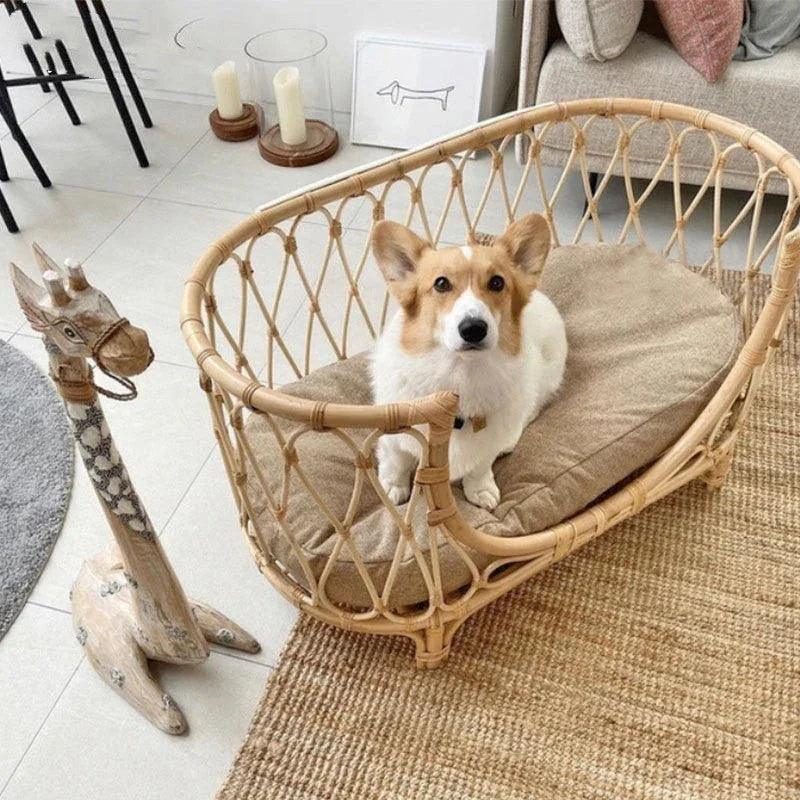 Handmade Rattan Woven Pet Bed Sofa – Boho Dog & Cat Bed | Trumpet, Circle, Square & Large