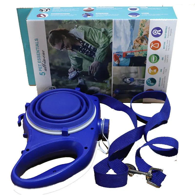 Retractable Dog Leash Set with Collapsible Water Bowl & Rope Toy – Red, Blue, Black