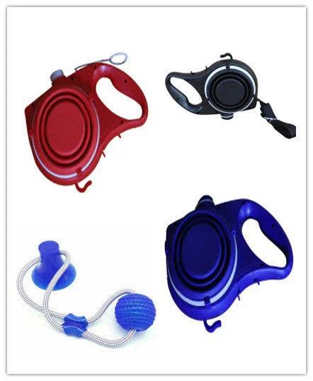 Retractable Dog Leash Set with Collapsible Water Bowl & Rope Toy – Red, Blue, Black