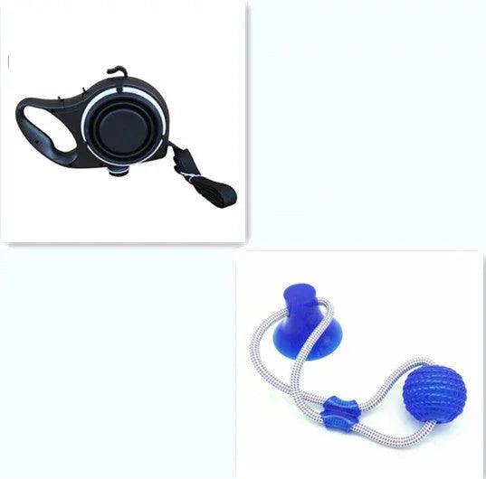 Retractable Dog Leash Set with Collapsible Water Bowl & Rope Toy – Red, Blue, Black