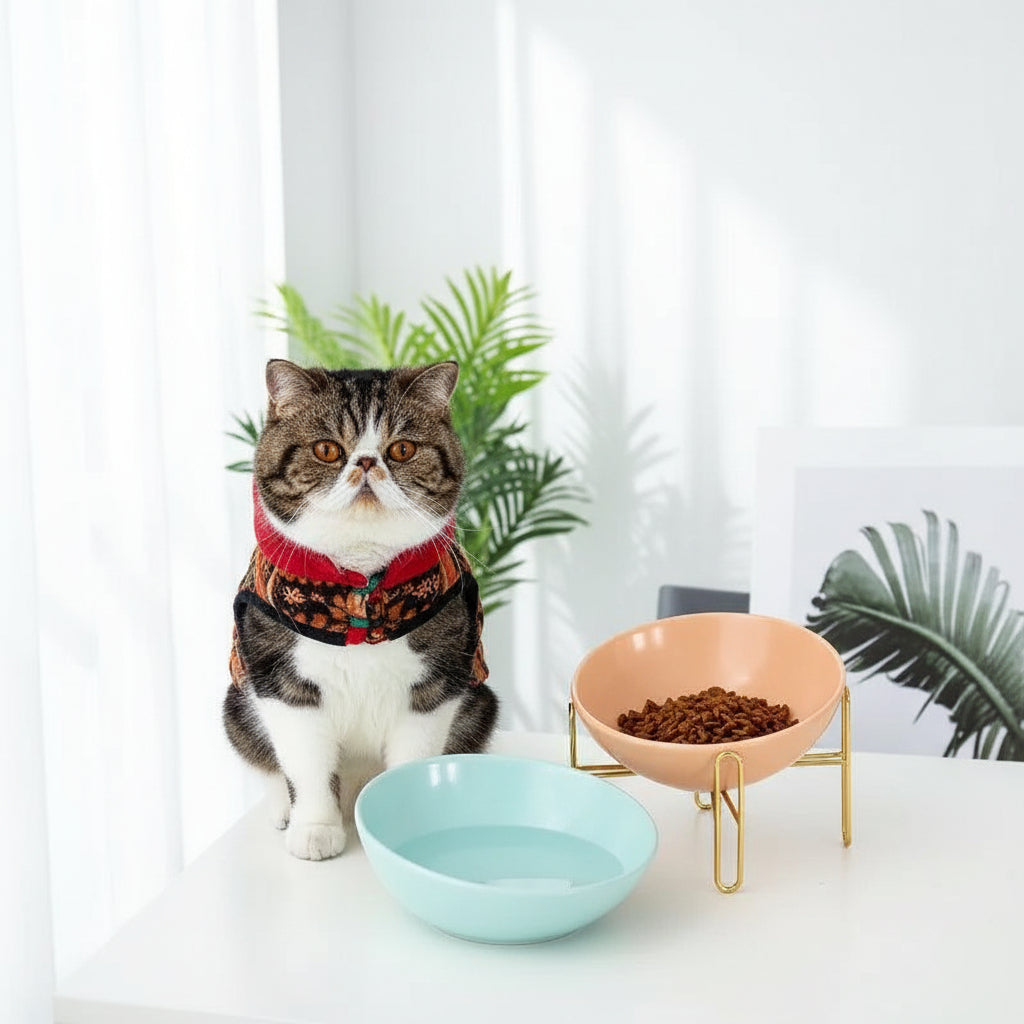 Elevated Pet Bowl with Shelf – Adjustable Cat & Dog Feeder (Blue, Orange, White | S/M)