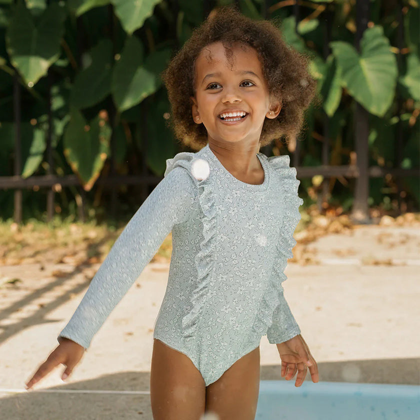 Long-Sleeve One-Piece Swimsuit | Vintage Flowers Print on Powder Blue | Petit Lem