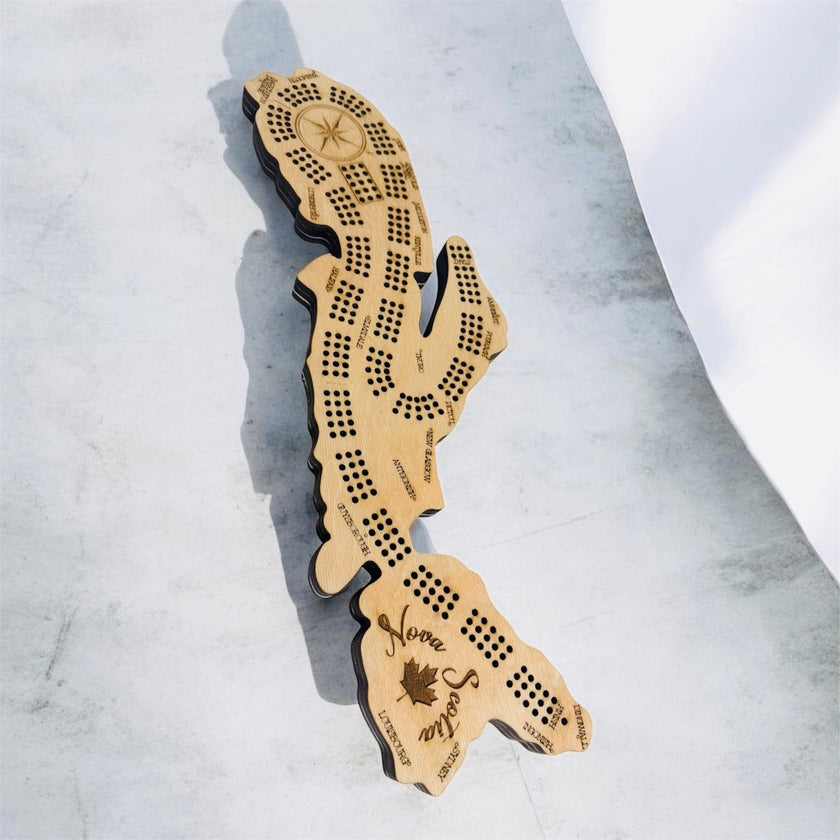 Nova Scotia Map Cribbage Board – 3 Player Wooden Crib Board with Engraved Cities