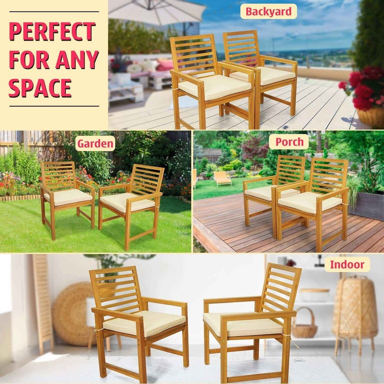Solara Acacia Wood Outdoor Chairs Set of 2 with Cushions