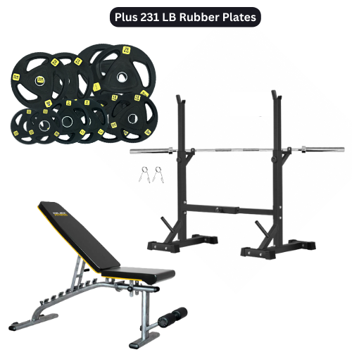 Squat Rack, Bench, Barbell & Weight Plates Stack