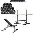 Squat Rack, Bench, Barbell & Weight Plates Stack