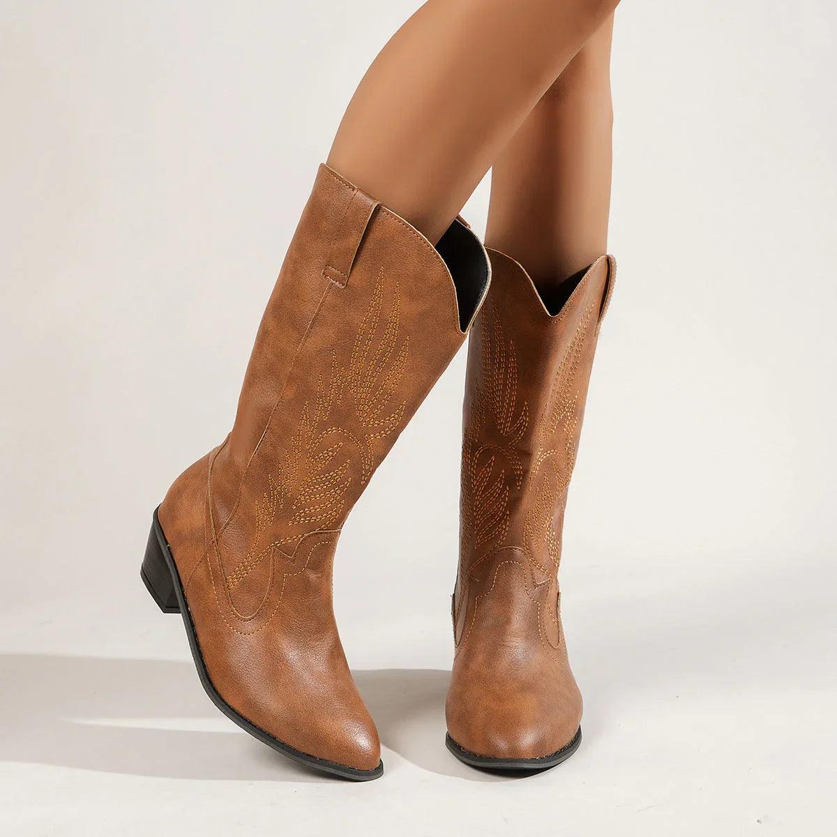 Plus Size Autumn New Mid-calf Riding Boots Embroidered Mid Heel Snow
