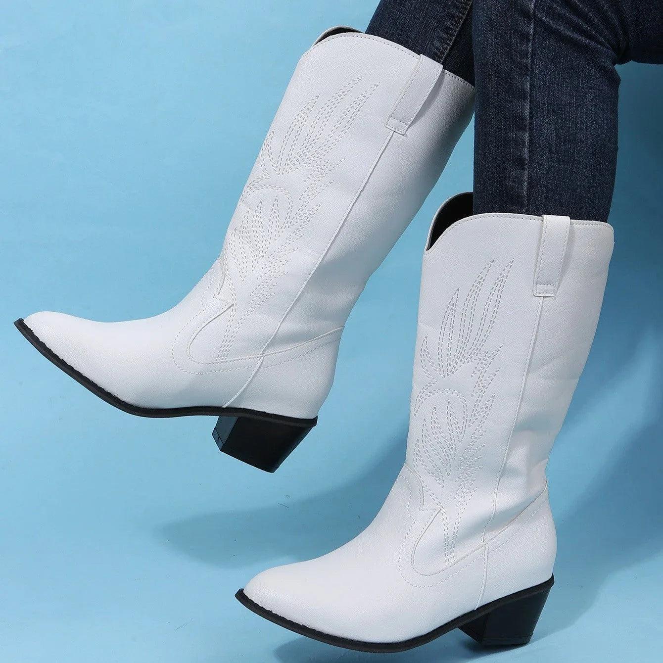Plus Size Autumn New Mid-calf Riding Boots Embroidered Mid Heel Snow