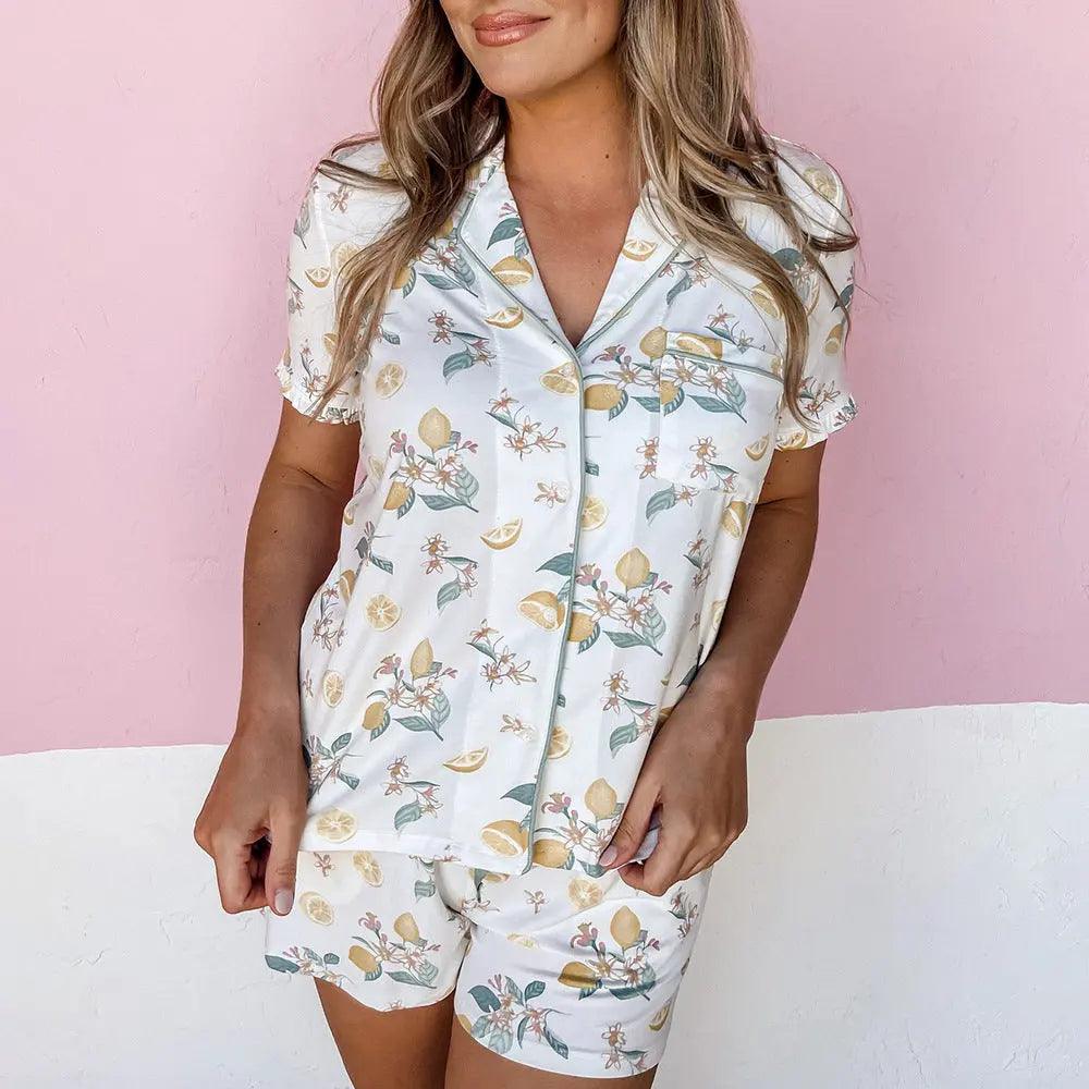 Women's Printed Cardigan Short Sleeve Pajamas Set – Single-Breasted Casual Homewear Canada