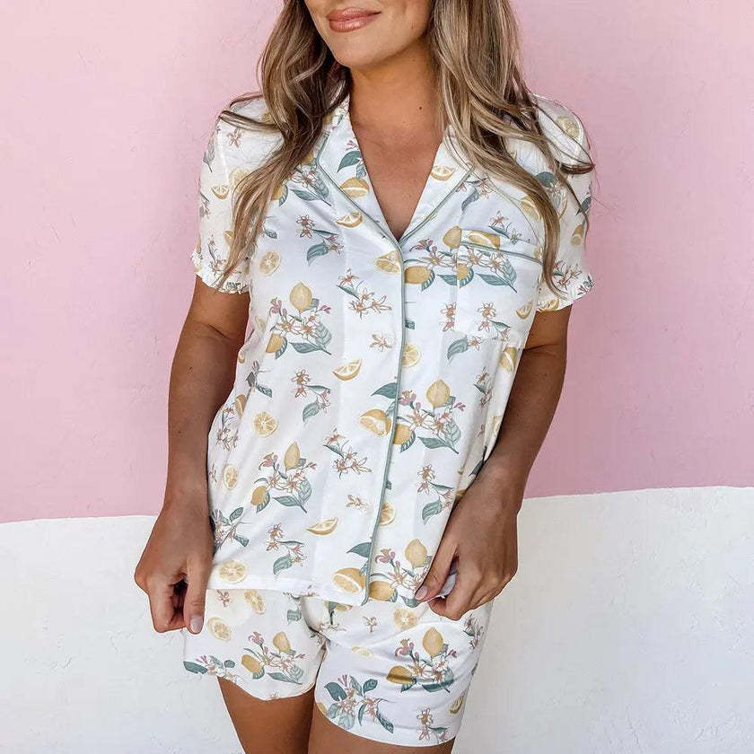Women's Printed Cardigan Short Sleeve Pajamas Set – Single-Breasted Casual Homewear Canada