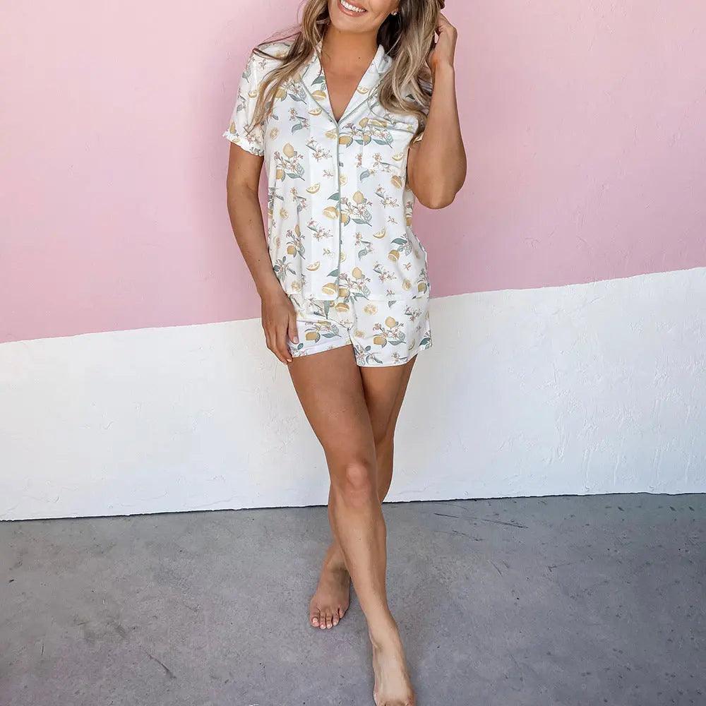 Women's Printed Cardigan Short Sleeve Pajamas Set – Single-Breasted Casual Homewear Canada