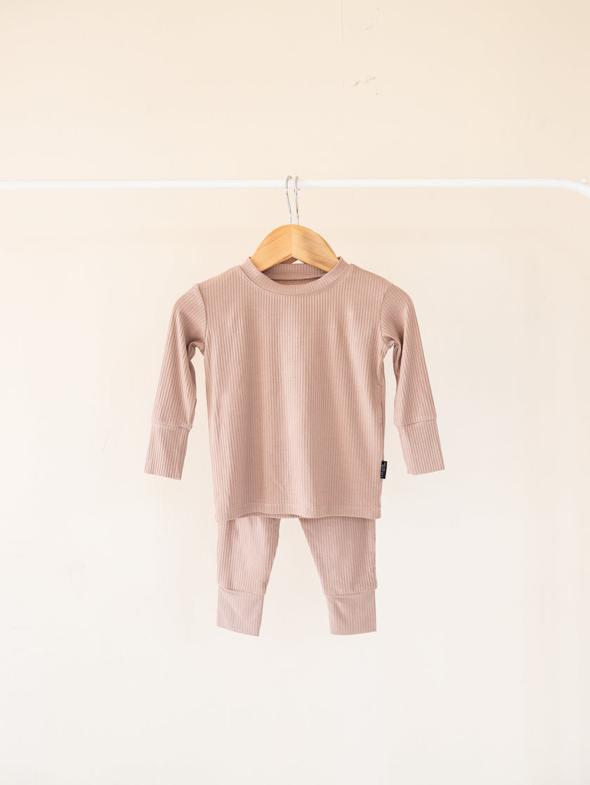 Sandy Taupe Ribbed Bamboo 2-Piece Long Sleeve Jogger Set